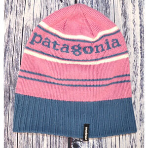 Patagonia Powder Town Vintage Pomless Beanie Ski Winter Cap Hat Pink/Blue OSFM